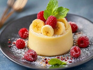 香蕉树莓点缀的美味布丁