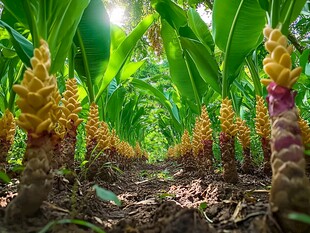 阳光下的艳丽姜花种植地