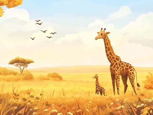 草原上的长颈鹿母子