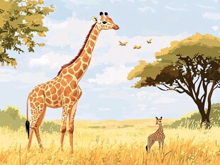 草原上的长颈鹿母子