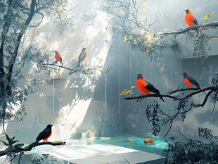 林间彩鸟栖于静谧枝头