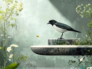 鹊立石台赏蝶舞花草间