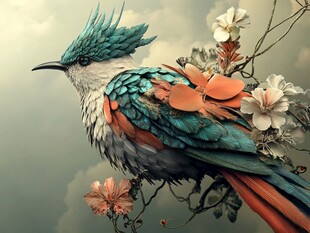 梦幻彩羽鸟栖于繁花枝头