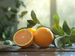 新鲜带叶橙子静物特写