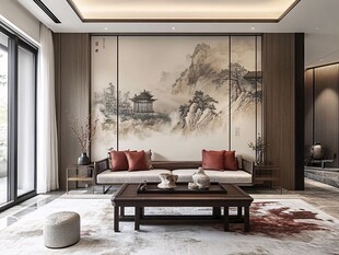 中式客厅 山水壁画与雅致家具