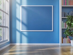 蓝色书房空白画框展示空间