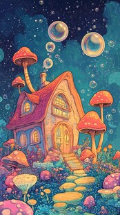梦幻蘑菇小屋的奇幻夜景