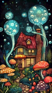 梦幻夜中蘑菇屋奇幻景象