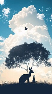 树下鹿兔共赏天空飞鸟