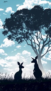 树下双袋鼠剪影梦幻场景