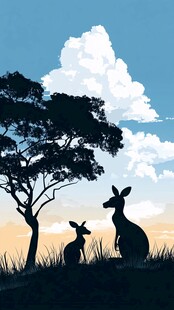 黄昏下袋鼠母子的温馨剪影