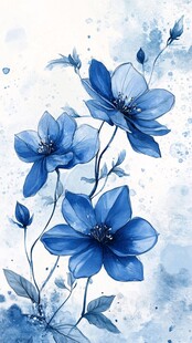 蓝色水彩花卉艺术插画