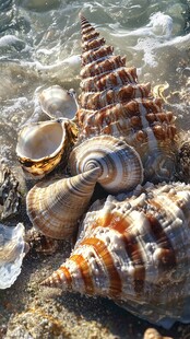海边多彩海螺的美丽邂逅