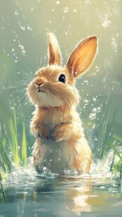 雨中萌兔立水间
