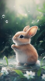 可爱小兔在绿意中赏泡泡