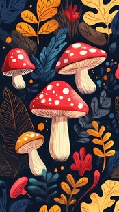 森林中的梦幻蘑菇与秋叶