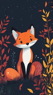 夜中萌狐坐于花草间