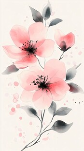 水墨风粉色花卉插画