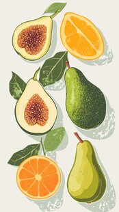 新鲜水果插画 梨橙牛油果等
