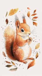 可爱松鼠与秋日落叶插画