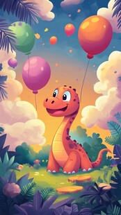 小恐龙在气球相伴下的奇幻森林