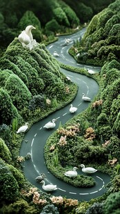 蜿蜒河道上的白鹭与绿植