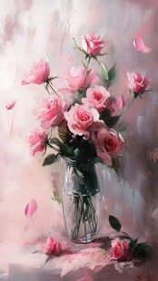 粉色玫瑰插于透明花瓶中