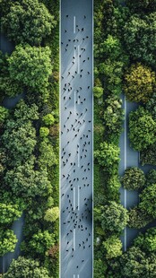 空中俯瞰林荫道路人群