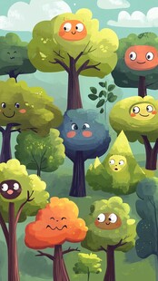 表情丰富的可爱森林树木