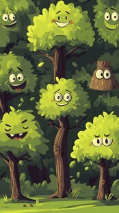 卡通表情森林树木插画