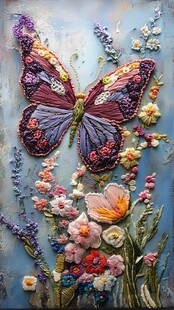 刺绣蝴蝶与繁花艺术作品