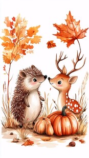 秋日萌宠 刺猬与小鹿相伴