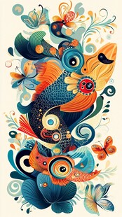 梦幻鱼与花卉插画艺术