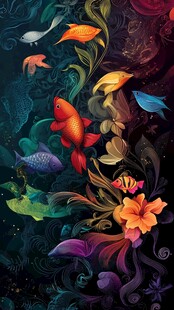 梦幻海底鱼与花卉插画
