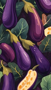 紫色茄子与绿叶插画图案