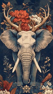 象与繁花鹿角梦幻插画