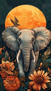 大象漫步于繁花与圆月之下