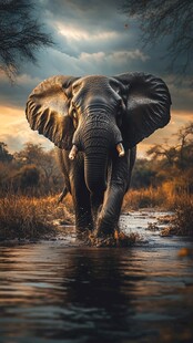 大象漫步于黄昏水边湿地