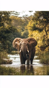 大象漫步于河畔丛林间