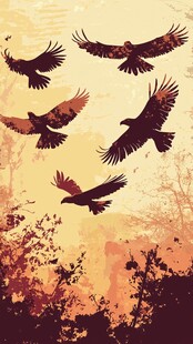 群鹰翱翔于黄昏树林间