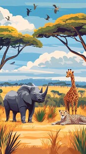 非洲草原野生动物和谐图景