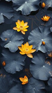 水中黄莲与墨色莲叶
