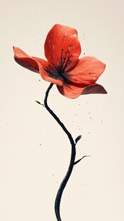 独枝艳红花朵特写