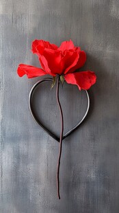 红花朵置于心形架上