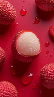 鲜红背景下的多汁荔枝