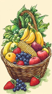 水果玉米满篮插画