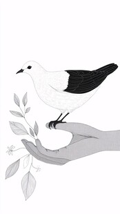 手托飞鸟与枝叶的和谐画面