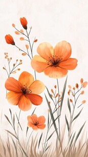 橙色花卉水彩插画
