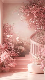梦幻粉色繁花环绕的楼梯