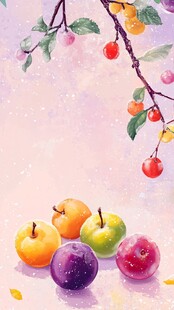 枝头鲜果水彩梦幻图景